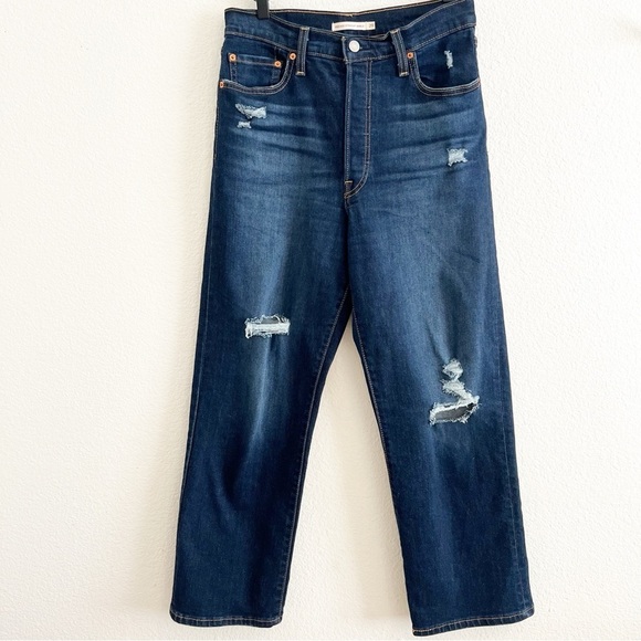 Levi's Denim - Levis Ribcage Straight Ankle Dark Wash Distressed Jeans Size 29